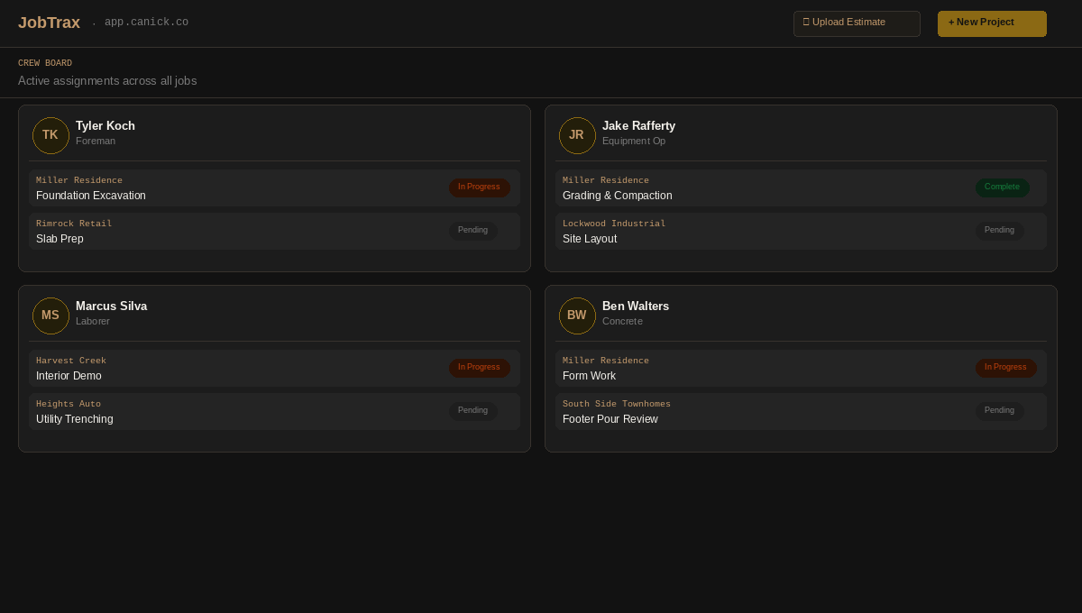 JobTrax Crew Board — assign crew members to jobs and track field progress