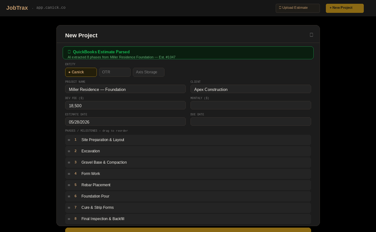 JobTrax Bid Upload — AI reads your QuickBooks estimate and builds project phases automatically